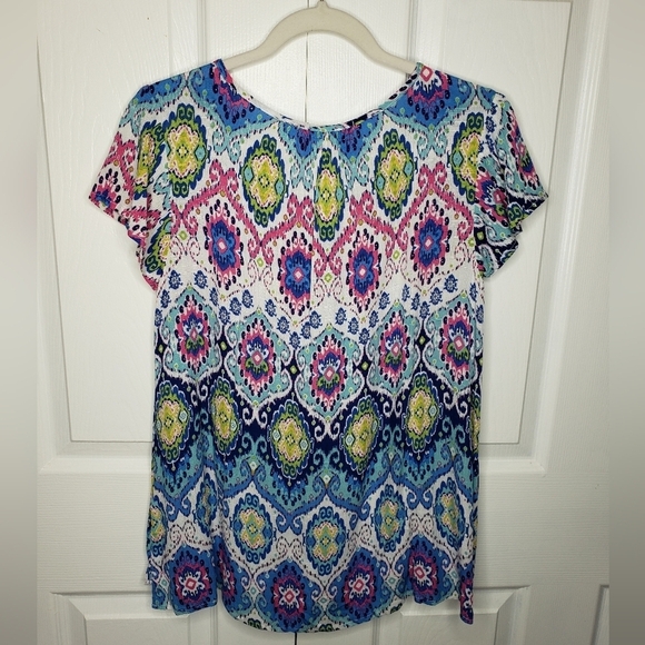 Farmers Market by One World Top S Ikat Tie Neck Popover Sequins Flutter Sleeves - Picture 12 of 13